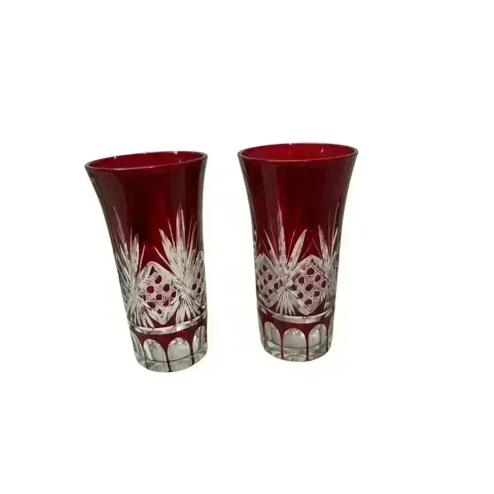 2 Vintage Ruby Red Cut Clear Bohemian Glass 4" Small Vases Antique